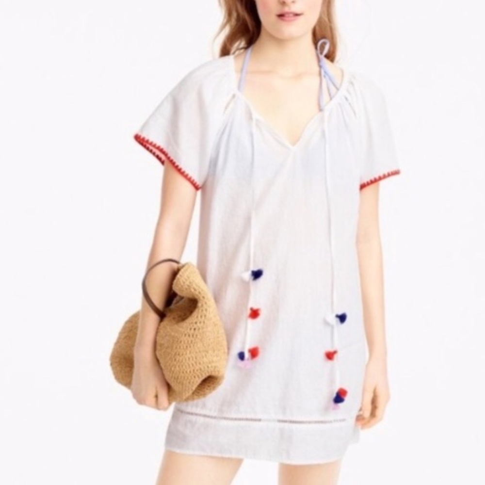 J Crew White Linen PomPom Coverup Dress Embroidery